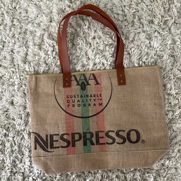 Nespresso Handbags - Nespresso Jute Tote Bag Shopper Faux Leather Handles 19"x14" NWOT